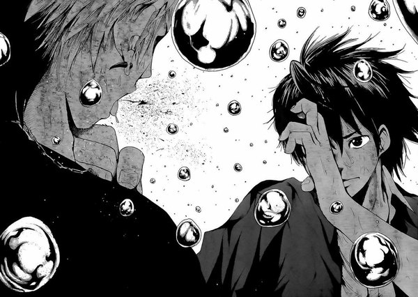 Anime picture 1054x750 with hollyland (manga) tagme (artist) short hair black hair black eyes monochrome rain battle blood bubble (bubbles) splashes fist