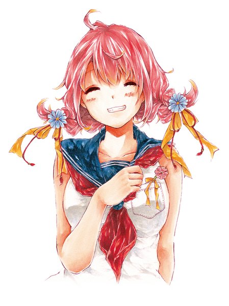 Anime picture 766x1023 with original kawana (spicaboy) single long hair tall image blush open mouth simple background smile standing white background pink hair braid (braids) eyes closed hair flower twin braids happy girl hair ornament flower (flowers)