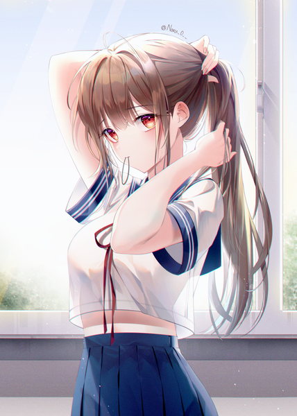 Anime picture 3000x4200 with original naru single long hair tall image looking at viewer blush fringe highres breasts hair between eyes red eyes standing holding signed payot ahoge indoors pleated skirt arm up