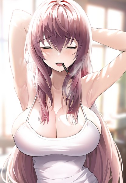 Anime picture 1100x1595 with fate (series) fate/grand order scathach (fate) (all) suou-sensei single tall image blush fringe breasts open mouth light erotic hair between eyes holding cleavage purple hair upper body indoors eyes closed very long hair arms up