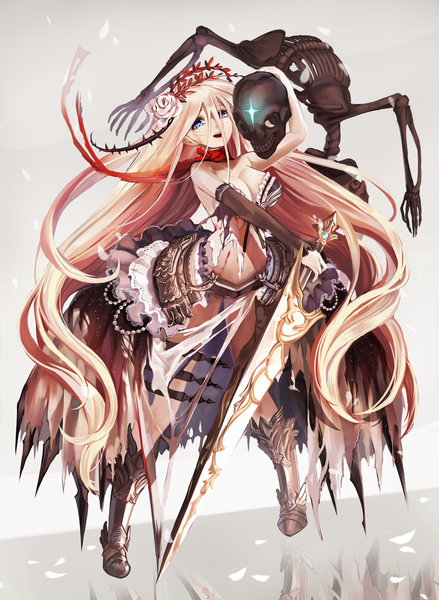 Anime picture 1240x1695 with original mizushirazu single tall image fringe breasts open mouth blue eyes light erotic blonde hair large breasts bare shoulders holding cleavage very long hair glowing skeleton crazy necromancer girl