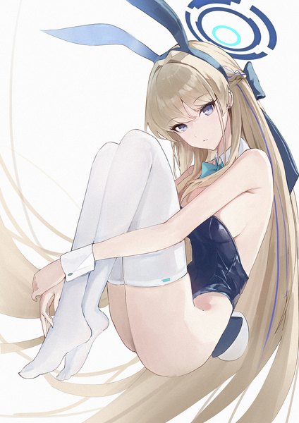 Anime picture 2480x3508 with blue archive toki (blue archive) toki (bunny) (blue archive) jiang zhuti jiojio single tall image looking at viewer fringe highres blue eyes light erotic simple background blonde hair hair between eyes white background animal ears tail very long hair animal tail bunny ears