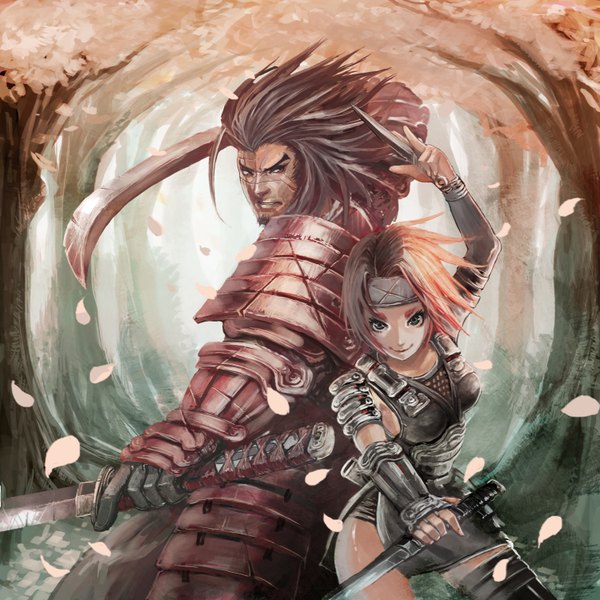 Anime picture 1500x1500 with original cherokee short hair smile grey hair grey eyes cherry blossoms scar back to back samurai girl boy petals sword armor katana kunai