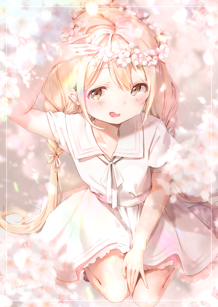 Anime picture 1076x1514 with idolmaster idolmaster cinderella girls futaba anzu kinako (shiratama mochi) single long hair tall image blush fringe open mouth blonde hair hair between eyes yellow eyes payot braid (braids) from above twin braids cherry blossoms border hand on head