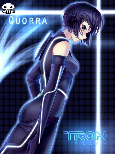 Anime picture 1024x1365 with tron:legacy quorra kattzu single tall image short hair simple background purple eyes purple hair profile looking back inscription copyright name character names girl gloves elbow gloves bodysuit