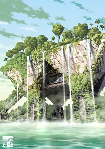 Anime picture 827x1169 with original tokyogenso tall image sky cloud (clouds) city cityscape no people waterfall plant (plants) tree (trees) water building (buildings)