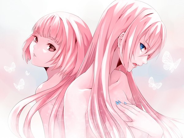 Anime picture 1000x750 with vocaloid megurine luka nekomura iroha settyaro long hair looking at viewer open mouth blue eyes red eyes bare shoulders multiple girls pink hair nail polish pink eyes hand on chest back to back girl 2 girls insect butterfly