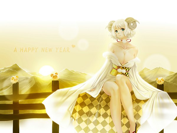 Anime picture 1000x750 with original hataraki kuma single looking at viewer short hair breasts blue eyes light erotic sitting white hair traditional clothes japanese clothes horn (horns) inscription new year happy new year girl kimono open kimono