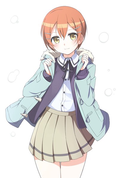 Anime picture 660x1000 with love live! school idol project sunrise (studio) love live! hoshizora rin mobu single tall image looking at viewer blush short hair simple background white background yellow eyes pleated skirt light smile orange hair girl skirt uniform school uniform