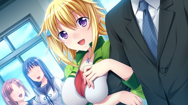 Anime picture 1024x576 with papa love (game) short hair open mouth blonde hair wide image purple eyes game cg girl hair ornament