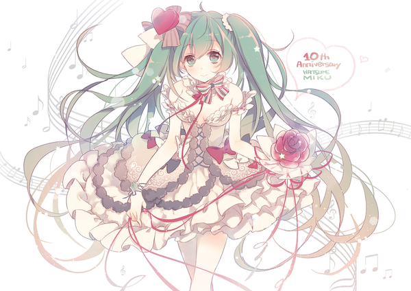 Anime picture 1000x707 with vocaloid hatsune miku jonejung single looking at viewer smile twintails holding green eyes cleavage ahoge very long hair green hair character names anniversary treble clef girl dress hair ornament ribbon (ribbons)