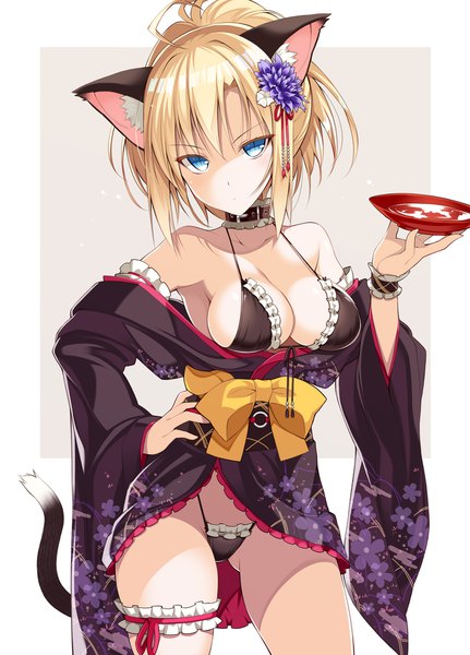 Anime picture 1323x1840 with original oota yuuichi single tall image looking at viewer blush fringe short hair breasts blue eyes light erotic simple background blonde hair hair between eyes standing bare shoulders holding animal ears payot cleavage