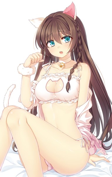 Anime picture 800x1255 with original philomelalilium single long hair tall image blush fringe breasts open mouth light erotic simple background hair between eyes brown hair large breasts white background sitting bare shoulders animal ears looking away bent knee (knees)