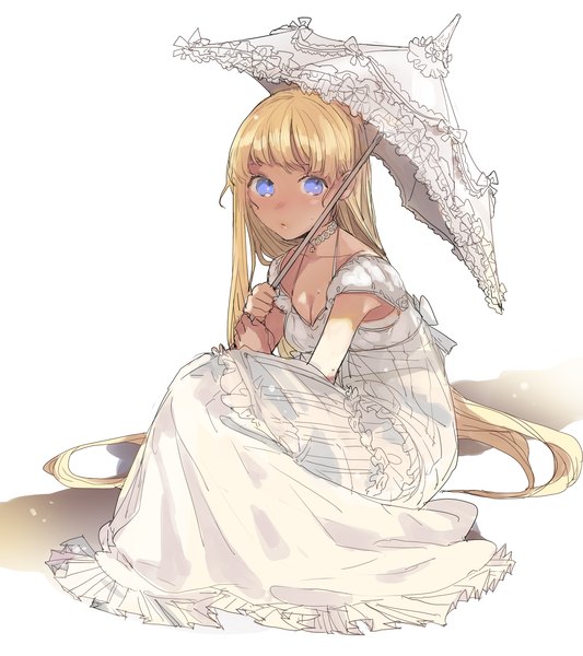 Anime picture 2149x2421 with original dal-gi single long hair tall image looking at viewer blush fringe highres blue eyes simple background blonde hair white background sitting holding cleavage bent knee (knees) shadow girl dress