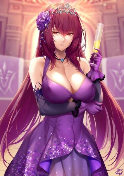 Anime picture 707x1000 with fate (series) fate/grand order scathach (fate) (all) scathach (formal dress) (fate) okitakung single long hair tall image breasts light erotic smile red eyes large breasts standing bare shoulders holding signed looking away cleavage purple hair