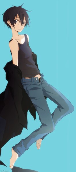 Anime picture 640x1440 with sword art online a-1 pictures kirigaya kazuto tsukimori usako single tall image looking at viewer short hair black hair simple background bare shoulders signed barefoot black eyes blue background jumping open pants boy pants jeans