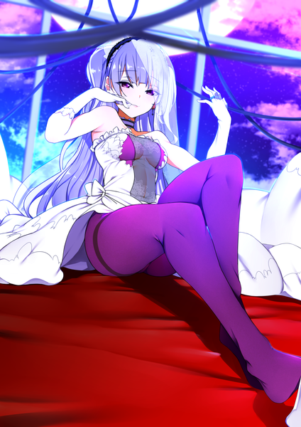 Anime picture 1378x1949 with azur lane ajax (azur lane) manabebebe single long hair tall image looking at viewer blush fringe breasts light erotic sitting purple eyes bare shoulders full body bent knee (knees) blunt bangs grey hair shadow two side up