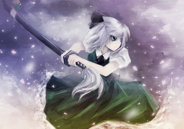 Anime picture 1292x913 with touhou konpaku youmu arufa (hourai-sugar) single short hair green eyes silver hair girl weapon petals sword soul