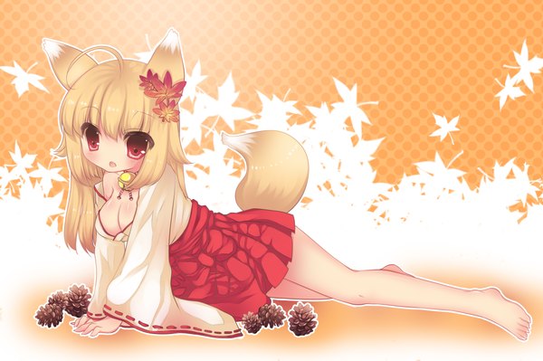 Anime picture 2000x1333 with usagihime highres blonde hair red eyes animal ears cleavage tail hair flower fox girl girl hair ornament leaf (leaves) bell
