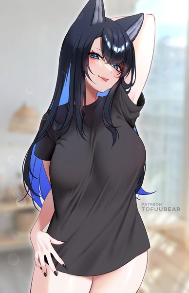 Anime picture 3850x5950 with original reiko (tofuubear) tofuubear single long hair tall image looking at viewer blush fringe highres breasts blue eyes light erotic black hair hair between eyes standing signed animal ears blue hair absurdres