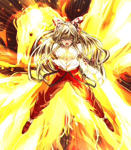 Anime picture 875x1000 with touhou fujiwara no mokou eredhen single long hair tall image looking at viewer fringe open mouth blonde hair red eyes ahoge :o outstretched arm fighting stance girl bow hair bow animal bird (birds)