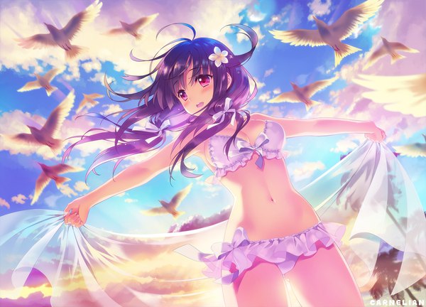Anime picture 1200x865 with kantai collection taigei light aircraft carrier carnelian single long hair blush fringe breasts open mouth light erotic black hair hair between eyes standing twintails signed looking away sky cleavage cloud (clouds) outdoors