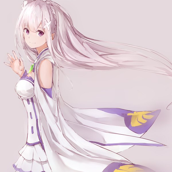 Anime picture 1750x1750 with re:zero kara hajimeru isekai seikatsu white fox emilia (re:zero) silver (chenwen) single long hair looking at viewer fringe highres breasts simple background standing bare shoulders silver hair braid (braids) pink eyes light smile wind grey hair outstretched arm