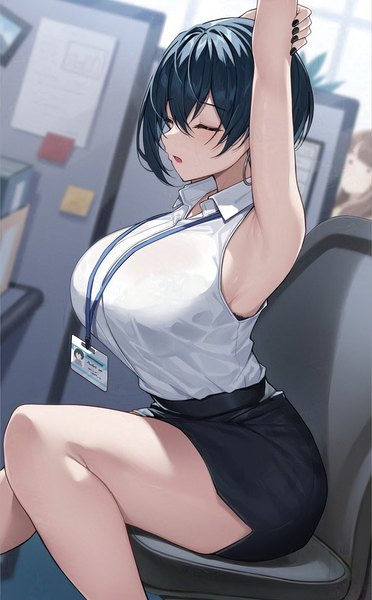 Anime picture 750x1211 with original xe (execut3r) tall image fringe short hair breasts open mouth light erotic black hair hair between eyes large breasts sitting multiple girls bent knee (knees) indoors nail polish arms up armpit (armpits) solo focus holding arm