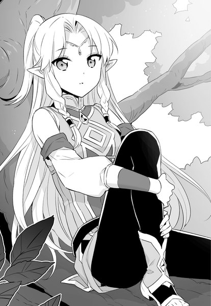 Anime picture 1326x1920 with isekai cheat magician miyura (isekai cheat magician) nardack single long hair tall image looking at viewer sitting payot bent knee (knees) braid (braids) pointy ears official art high heels twin braids monochrome elf half updo tree sitting girl