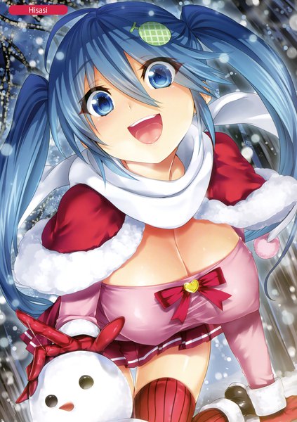 Anime picture 2401x3402 with melonbooks hisashi (nekoman) single long hair tall image looking at viewer fringe highres breasts open mouth blue eyes light erotic hair between eyes large breasts twintails blue hair cleavage ahoge :d scan