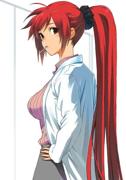 Anime picture 839x1200 with original hirokiku single long hair tall image looking at viewer blush simple background red eyes white background ponytail red hair hand on hip girl food sweets candy lollipop labcoat