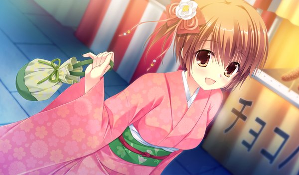 Anime picture 1024x600 with da capo iii hinomoto aoi takano yuki (allegro mistic) single looking at viewer blush short hair open mouth brown hair wide image brown eyes game cg traditional clothes japanese clothes one side up girl hair ornament kimono kinchaku