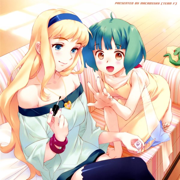 Anime picture 5228x5228 with macross macross frontier sheryl nome ranka lee blush highres short hair open mouth blue eyes blonde hair smile sitting bare shoulders multiple girls brown eyes absurdres couple sleeping girl thighhighs