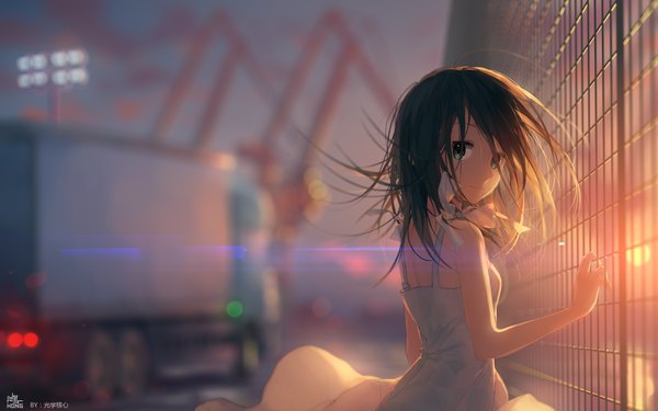 Anime picture 2560x1600 with original optical core single long hair looking at viewer highres smile brown hair bare shoulders holding green eyes signed sky cloud (clouds) upper body outdoors looking back wind sunlight blurry