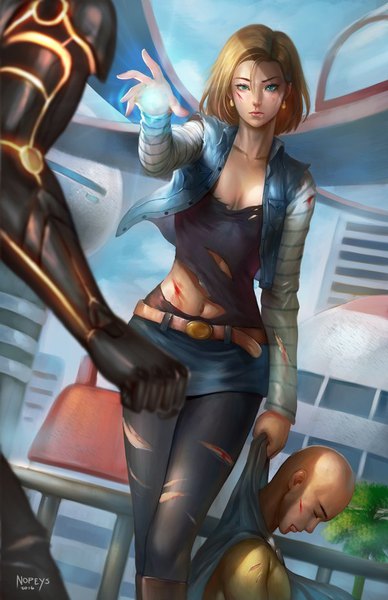 Anime picture 600x927 with one-punch man dragon ball dragon ball z madhouse android 18 saitama (one-punch man) genos nopeys tall image looking at viewer short hair breasts blue eyes light erotic blonde hair holding signed looking away eyes closed long sleeves