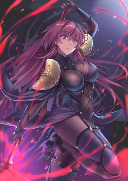 Anime picture 1000x1415 with fate (series) fate/grand order scathach (fate) (all) scathach (fate) a-na single long hair tall image looking at viewer fringe breasts open mouth light erotic simple background hair between eyes red eyes large breasts standing holding purple hair
