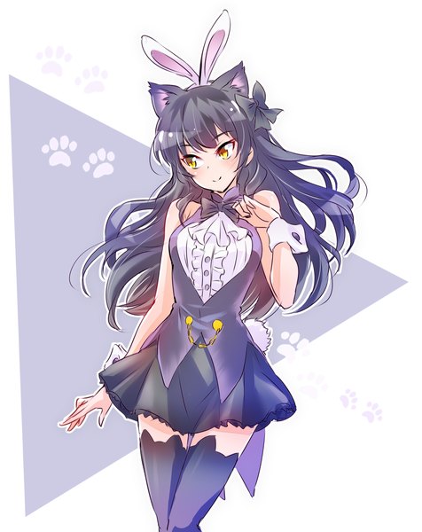 Anime picture 1903x2400 with rwby rooster teeth blake belladonna iesupa single long hair tall image highres black hair simple background smile animal ears yellow eyes looking away tail head tilt animal tail cat ears bunny ears sleeveless