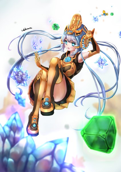 Anime-Bild 827x1170 mit starcraft blizzard entertainment wakaura asaho single long hair tall image open mouth blue eyes signed blue hair full body bent knee (knees) :d glowing glowing eye (eyes) personification girl headdress knee boots crystal