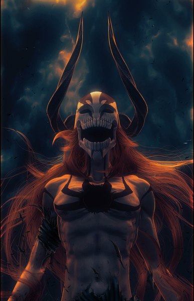 Anime picture 1046x1622 with bleach studio pierrot kurosaki ichigo wen-jr long hair tall image open mouth sky cloud (clouds) horn (horns) orange hair realistic teeth torn clothes destruction spoilers 3d boy navel animal