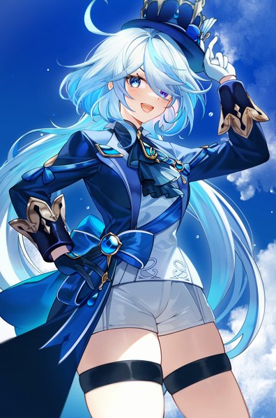Anime picture 2118x3212 with genshin impact furina (genshin impact) chen ying (alan-yut) single long hair tall image looking at viewer blush fringe highres breasts open mouth blue eyes smile standing sky silver hair cloud (clouds) ahoge long sleeves