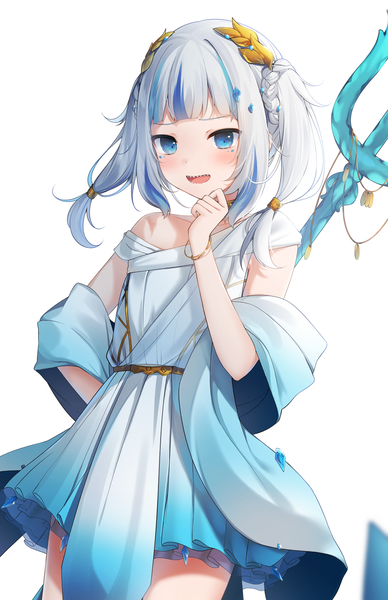 Anime picture 1000x1547 with virtual youtuber hololive hololive english gawr gura gawr gura (3rd costume) nachi single long hair tall image looking at viewer blush fringe open mouth blue eyes simple background smile standing white background twintails bare shoulders