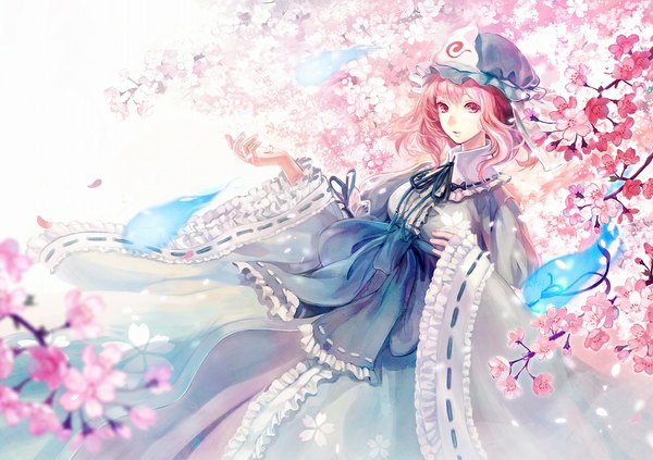 Anime picture 1000x706 with touhou saigyouji yuyuko siro single short hair pink hair pink eyes wind cherry blossoms girl dress petals bonnet