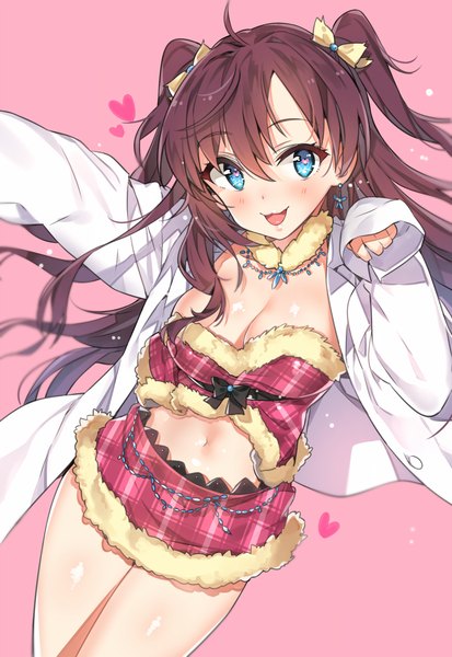 Anime picture 862x1250 with idolmaster idolmaster cinderella girls ichinose shiki yuran (cozyquilt) single long hair tall image looking at viewer fringe breasts open mouth blue eyes light erotic simple background smile brown hair large breasts cleavage ahoge long sleeves