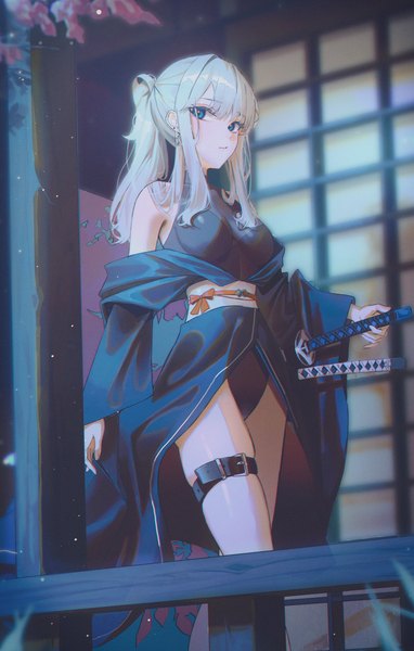 Anime picture 3788x5942 with original domi (hyaku8795) single long hair tall image looking at viewer fringe highres blue eyes light erotic standing bare shoulders payot absurdres white hair ponytail blunt bangs off shoulder hair over shoulder girl