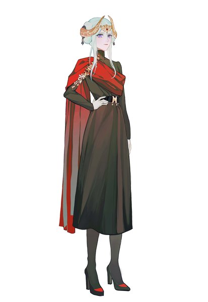 Anime picture 3088x4490 with fire emblem fire emblem: three houses nintendo edelgard von hresvelg mo (ine mao) single long hair tall image looking at viewer highres simple background standing white background purple eyes looking away absurdres full body white hair horn (horns) hand on hip