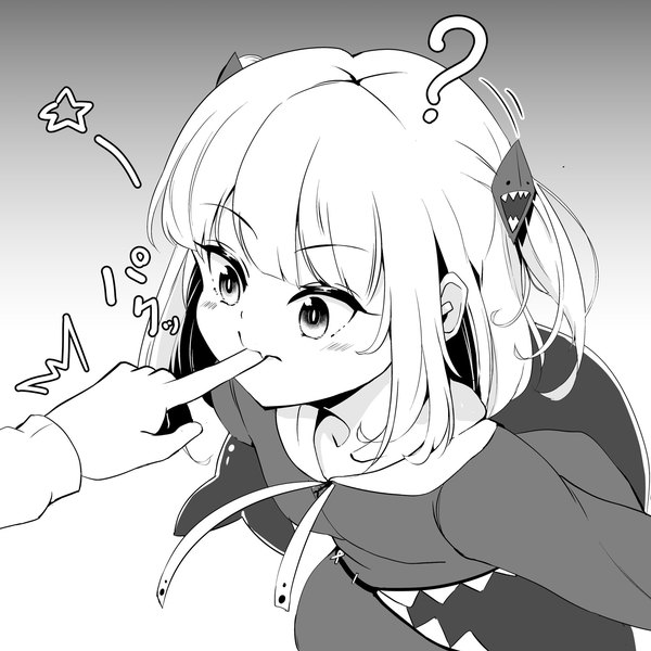 Anime picture 2048x2048 with virtual youtuber hololive hololive english gawr gura suzune kou highres short hair simple background fang (fangs) two side up gradient background monochrome solo focus face ? bite girl hair ornament hands