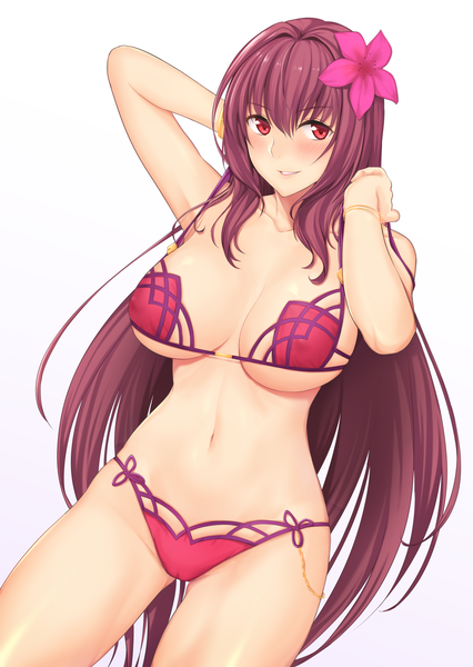 Anime picture 1104x1553 with fate (series) fate/grand order scathach (fate) (all) scathach (swimsuit assassin) (fate) shukurimu single long hair tall image looking at viewer blush fringe breasts light erotic simple background smile hair between eyes red eyes large breasts cleavage purple hair