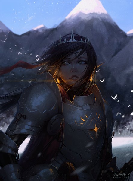 Anime picture 664x900 with guweiz single long hair tall image brown hair green eyes looking away lips pointy ears realistic eyebrows mountain knight girl armor spaulder (spaulders) breastplate