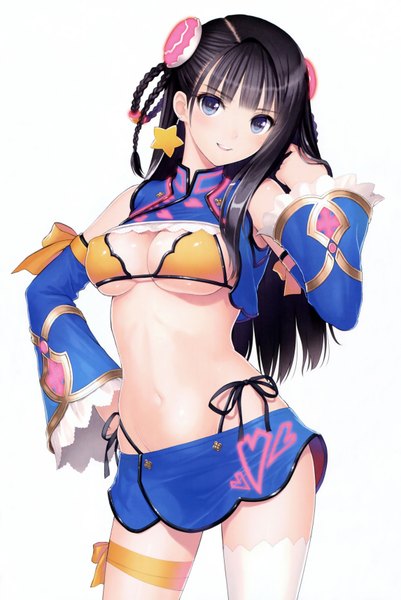 Anime picture 4582x6853 with original tony taka single long hair tall image looking at viewer highres breasts blue eyes light erotic black hair smile white background absurdres cleavage head tilt wide sleeves bare belly midriff groin