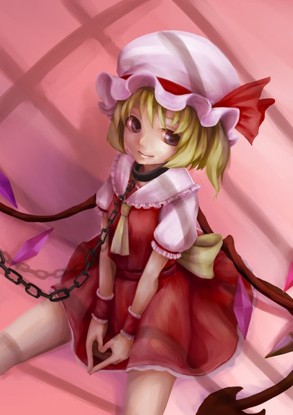 Anime picture 2480x3507 with touhou flandre scarlet iorlvm single tall image highres short hair blonde hair red eyes realistic girl dress wings heart chain wrist cuffs collar bonnet crystal